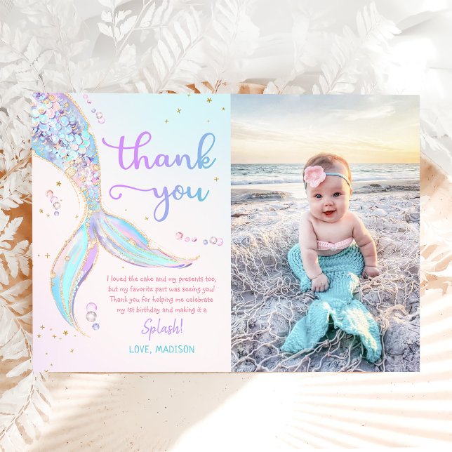 Mermaid Summer Pool 1st Birthday Party Photo Thank You Card (Creator Uploaded)