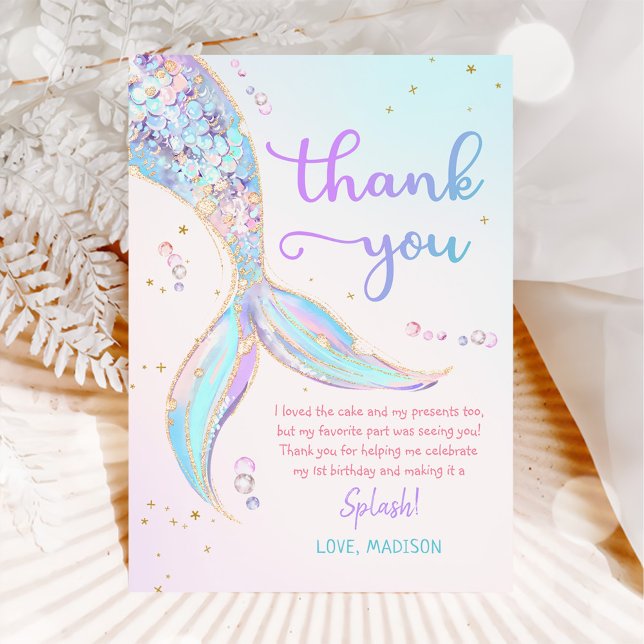 Mermaid Summer Pool 1st Birthday Party Thank You Card (Creator Uploaded)
