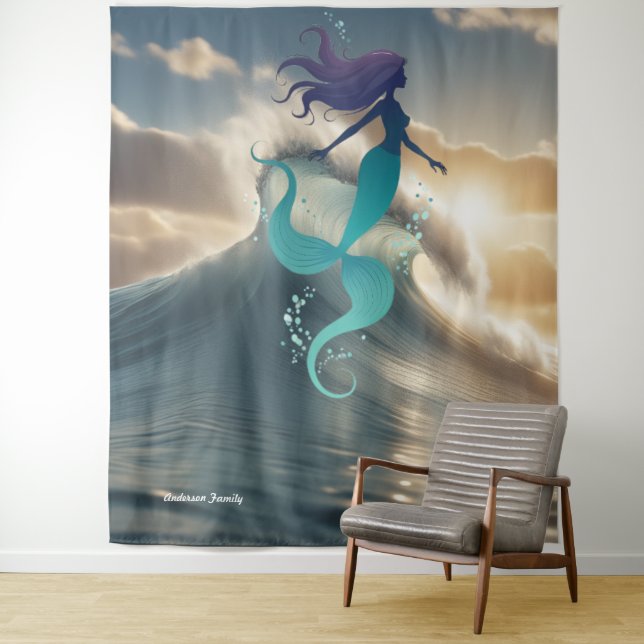 Mermaid Sunrise Ocean Personalised Tapestry (In Situ)