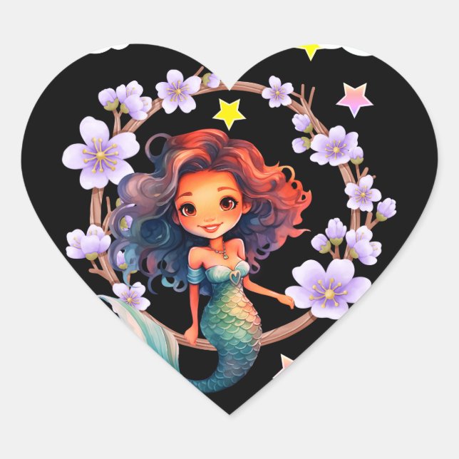 Mermaid surrounded with flowers heart sticker (Front)