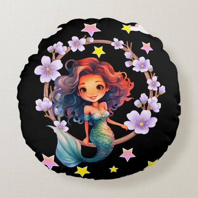 Mermaid surrounded with flowers round cushion (Front)