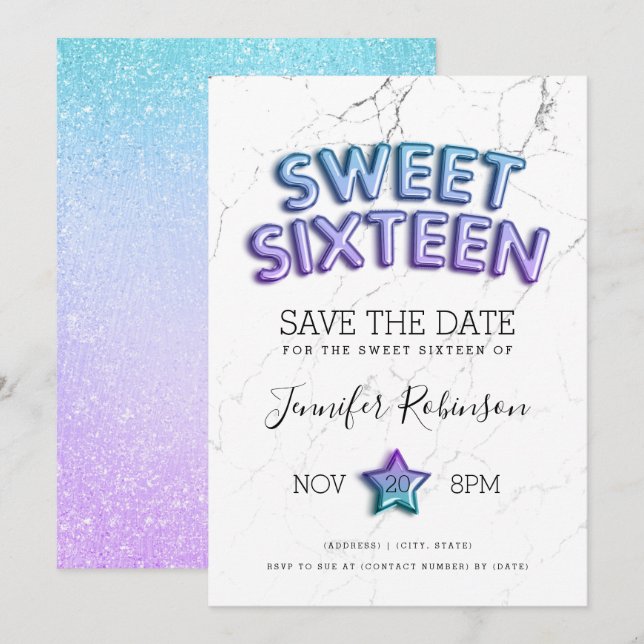 Mermaid Sweet 16 Save The Date Balloons Glitter Invitation (Front/Back)