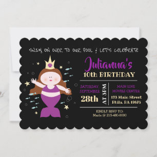 Mermaid Swim Pool Purple Sea Life Birthday Party Invitation