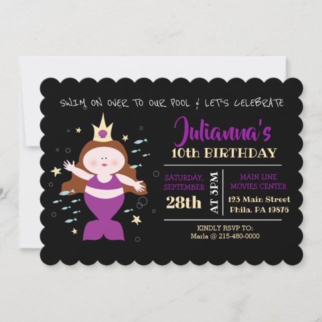 Mermaid Swim Pool Purple Sea Life Birthday Party Invitation (Front)