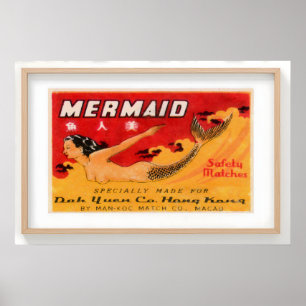 Mermaid Swimming Against Clouds Vintage Matchbox Poster