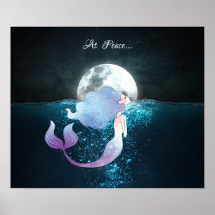 Mermaid Swimming At Peace Under the Full Moon Poster