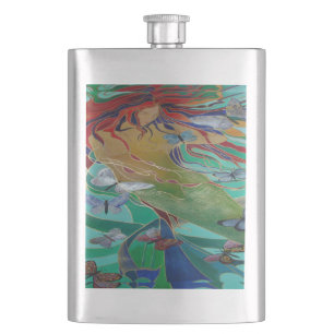 Mermaid Swimming with Butterflies Fantasy Art Hip Flask