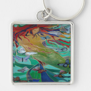 Mermaid Swimming with Butterflies Fantasy Art Key Ring