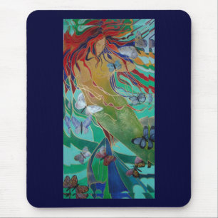 Mermaid Swimming with Butterflies Fantasy Art Mouse Pad