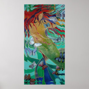 Mermaid Swimming with Butterflies Fantasy Art Poster