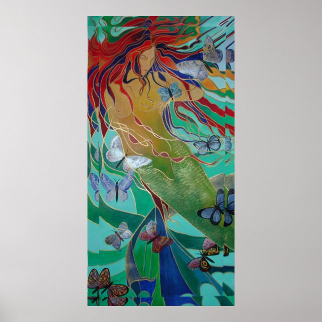 Mermaid Swimming with Butterflies Fantasy Art Poster (Front)
