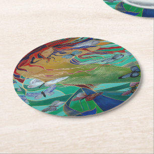 Mermaid Swimming with Butterflies Fantasy Art Round Paper Coaster