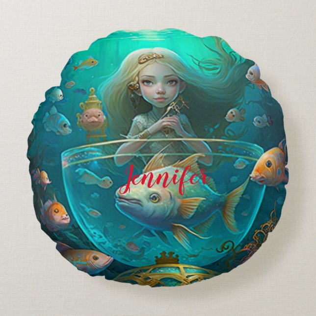 Mermaid swimming with fish custom   round cushion (Front)