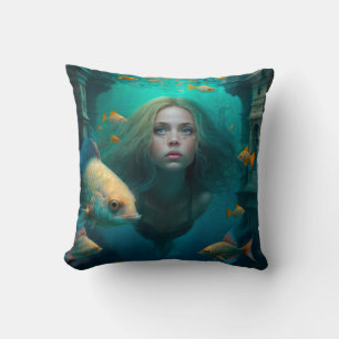 Mermaid swimming with fish cute throw pillow