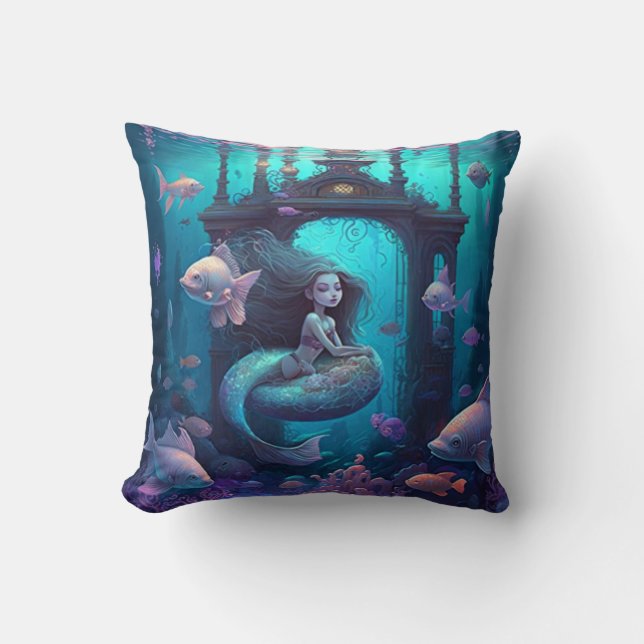 Mermaid swimming with fish  cute throw pillow (Front)