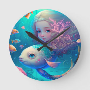 Mermaid swimming with fish  cute wall clock