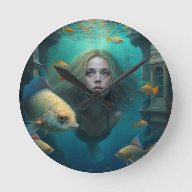 Mermaid swimming with fish  cute wall clock (Front)