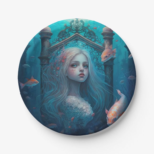 Mermaid swimming with fish  cute wall clock paper  paper plate (Front)