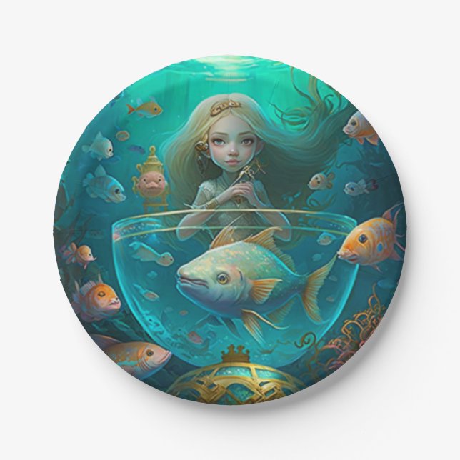Mermaid swimming with fish  cute wall clock paper  plate (Front)