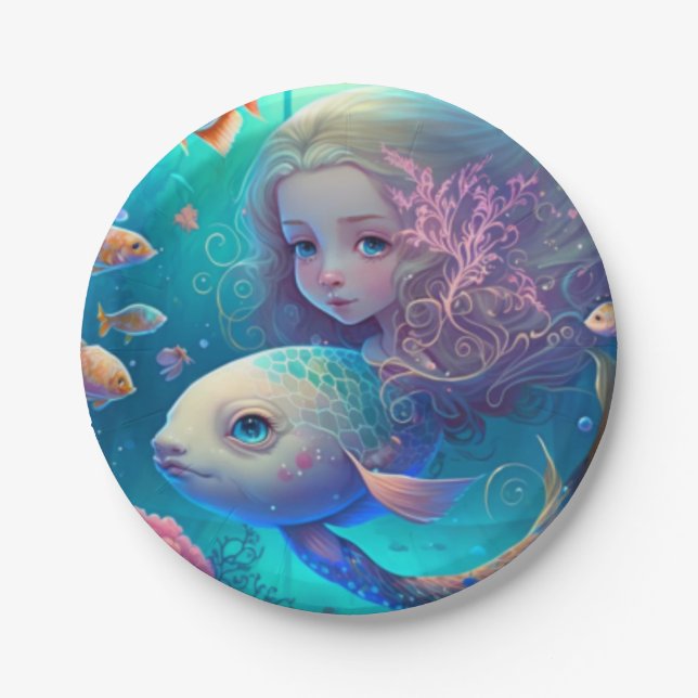 Mermaid swimming with fish  cute wall clock paper plate (Front)