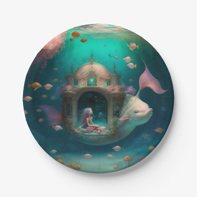 Mermaid swimming with fish  cute wall clock paper  plate (Front)