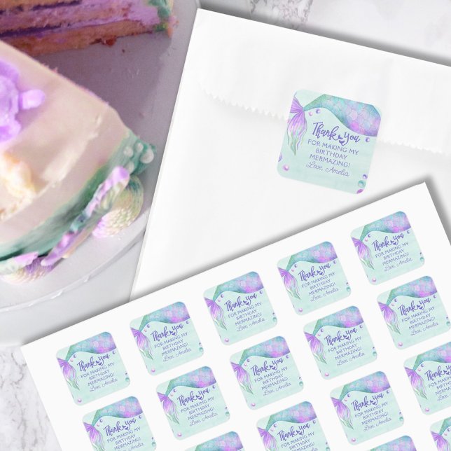 Mermaid Tail Birthday Party Favour Thank You Square Sticker (Creator Uploaded)
