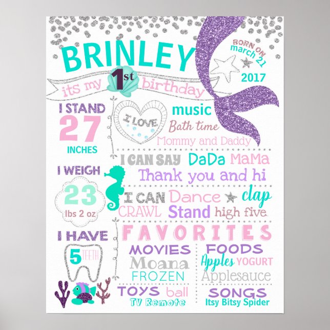 Mermaid tail First birthday sign poster board (Front)