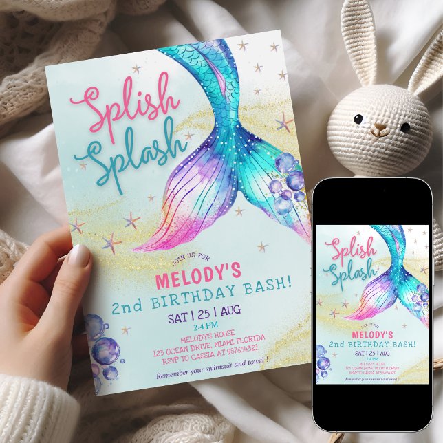Mermaid Tail Glitter 2nd Birthday Invitation (Creator Uploaded)