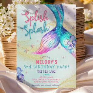 Mermaid Tail Glitter 3rd Birthday Invitation