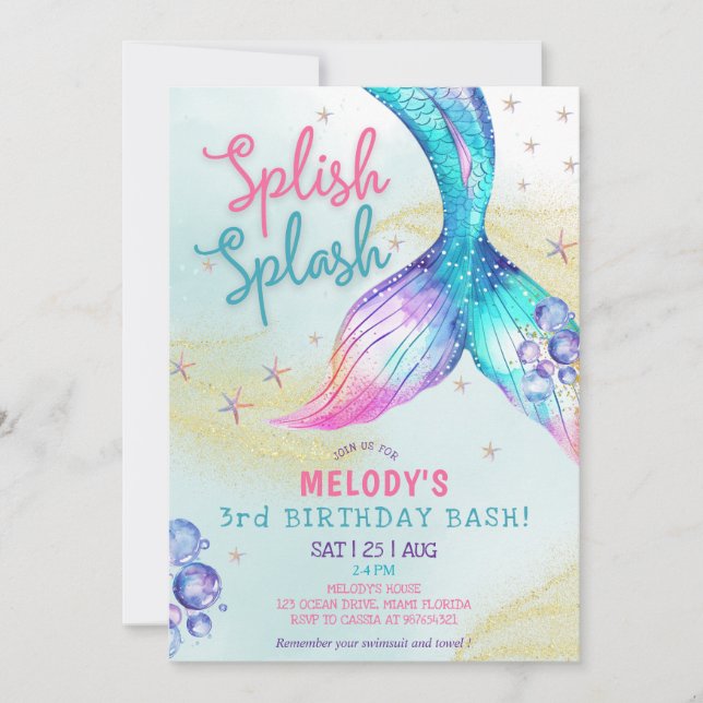Mermaid Tail Glitter 3rd Birthday Invitation (Front)