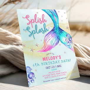 Mermaid Tail Glitter 6th Birthday Invitation