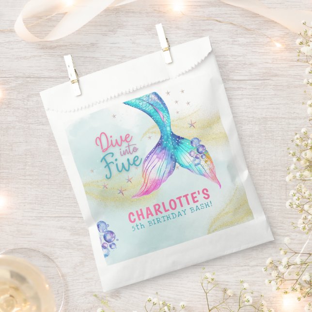 Mermaid Tail Glitter Dive into Five birthday Favour Bag (Clipped)