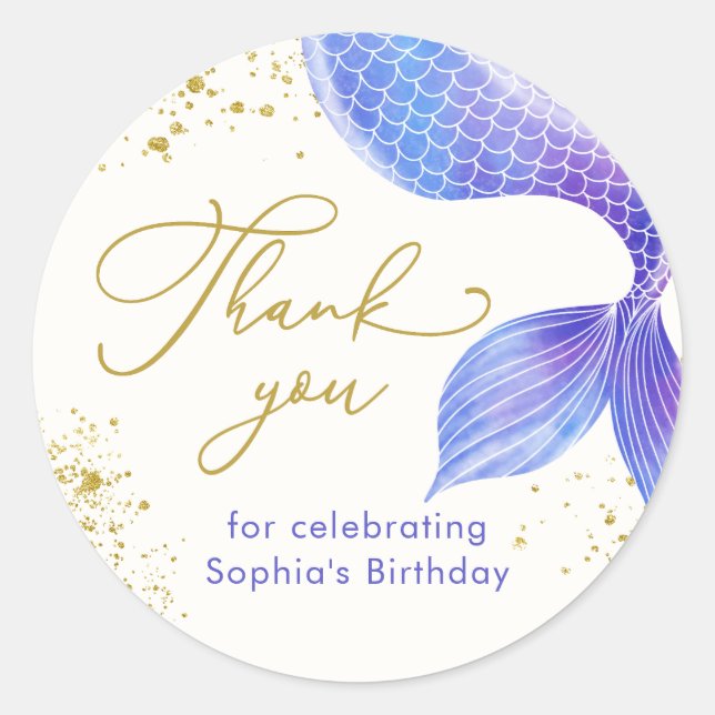 Mermaid Tail Gold Foil Birthday Thank You Classic Round Sticker (Front)