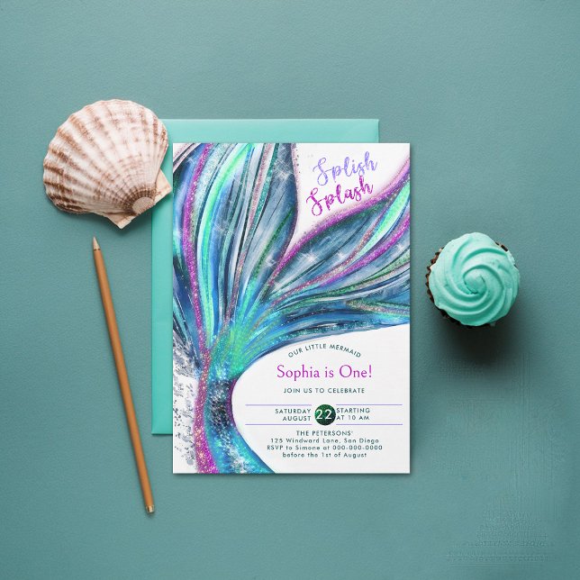 Mermaid Tail Holographic Watercolor 1st Birthday Invitation (mermaid birthday invitation 1st under the sea onederful girl party holographic glitter cute)