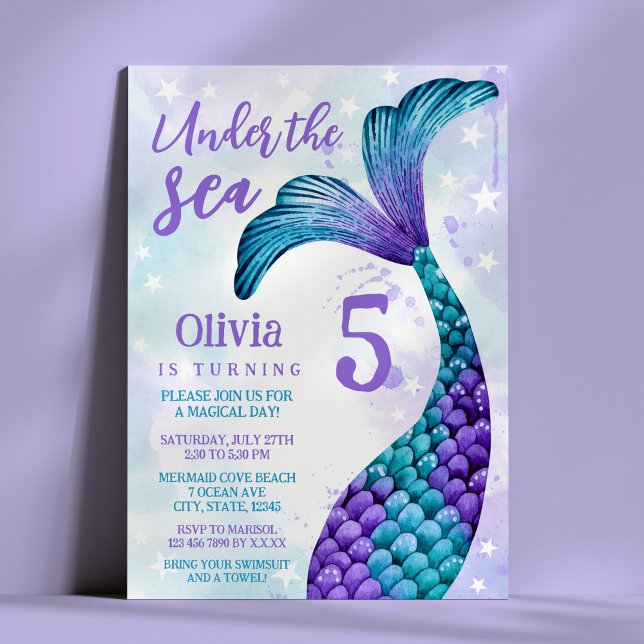 Mermaid Tail in Purple + Teal Watercolor Birthday Invitation (Mermaid Tail in Purple + Teal Watercolor Birthday Invitation)