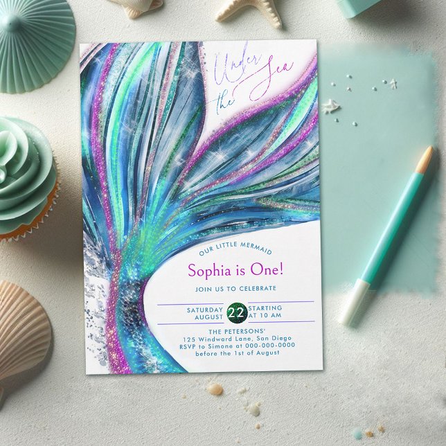 Mermaid Tail Iridescent Glitter Sea 1st Birthday Invitation (mermaid birthday invitation 1st under sea onederful girl party holographic glitter cute watercolor)