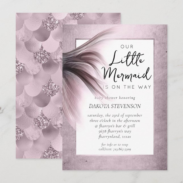 Mermaid Tail Mauve | Dusty Rose Pink Faux Shimmer Invitation (Front/Back)
