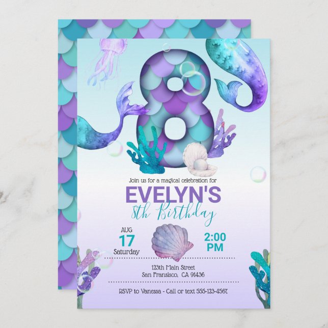 Mermaid Tail Mermaid Invitation for 8th Birthday (Front/Back)
