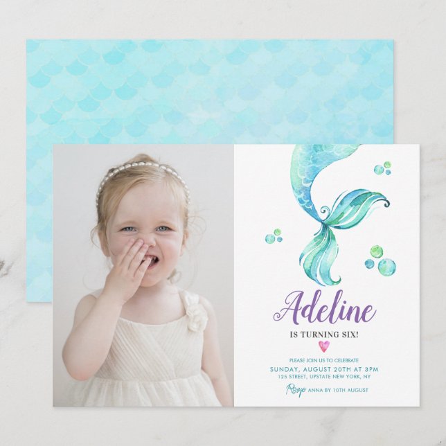 Mermaid Tail Ocean Cute Watercolor Photo Birthday Invitation (Front/Back)