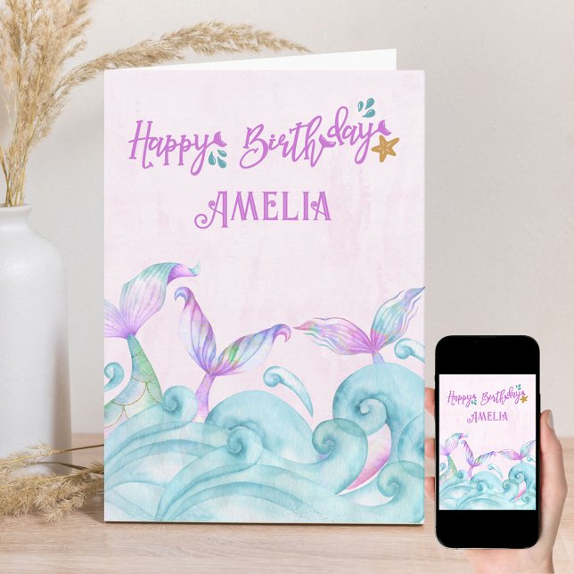 Mermaid Tail Ocean Waves Personalised Birthday Card (Creator Uploaded)