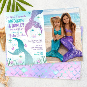 Mermaid Tail Photo Under the Sea Joint Birthday Invitation