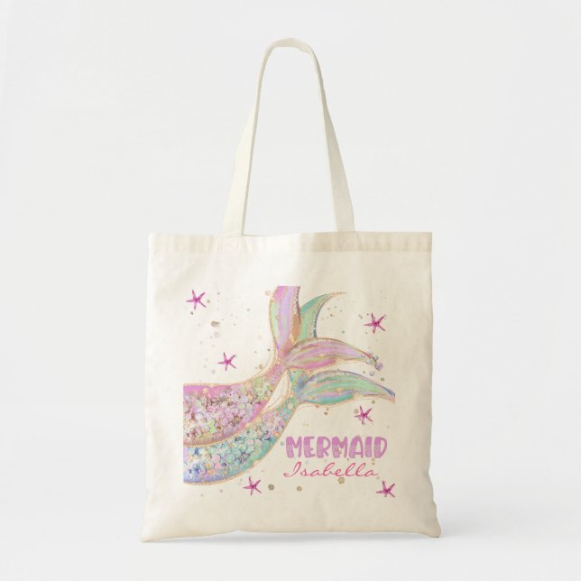 Mermaid Tail Pink Green Gold Glitter Personalised Tote Bag (Front)