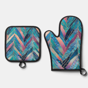Mermaid Tail Print Blue And Pink Oven Mitt & Pot Holder Set