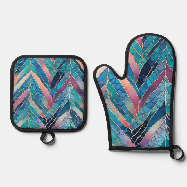 Mermaid Tail Print Blue And Pink Oven Mitt & Pot Holder Set (Front)