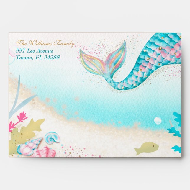 Mermaid Tail Sand Bar Teal Gold Ocean  Envelope (Front)