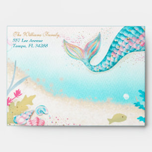 Mermaid Tail Sand Bar Teal Gold Ocean Party  Envelope