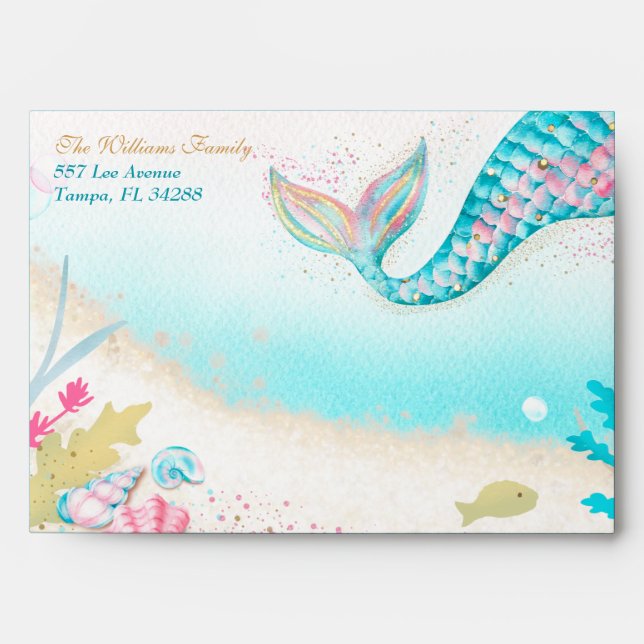 Mermaid Tail Sand Bar Teal Gold Ocean Party  Envelope (Front)