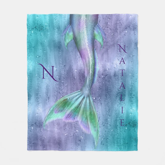 Mermaid Tail Sparkles Monogram Fleece Blanket (Front)