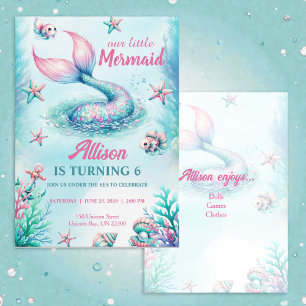Mermaid Tail Teal Pink Girly Birthday Invitation