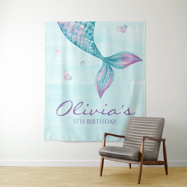 Mermaid Tail Under the Sea Birthday Banner Tapestry (In Situ)